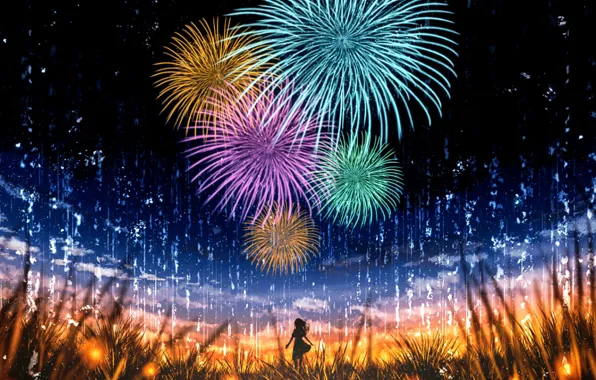 Picture the sky, girl, night, nature, fireworks
