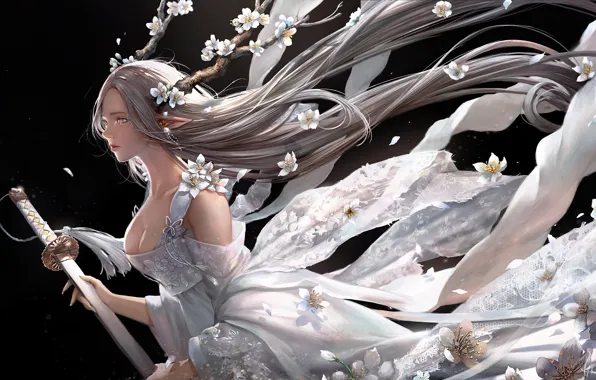 Picture flowers, branches, sword, fantasy, elf