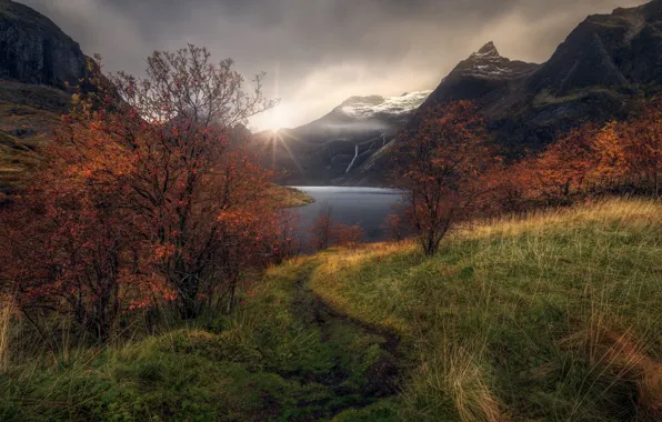 Picture autumn, grass, trees, mountains, clouds, lake, river, shore, foliage, path