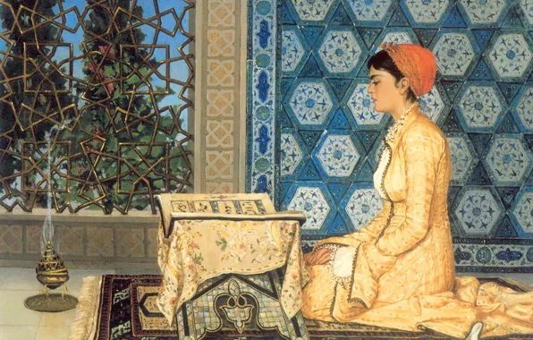 Picture girl, portrait, Turkey, Девушка читающая Коран, Osman Hamdi