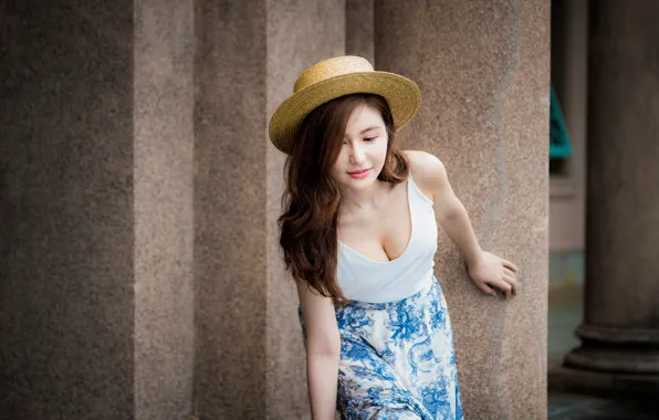 Picture girl, pose, skirt, hat, Mike, neckline, Asian, cutie, bokeh