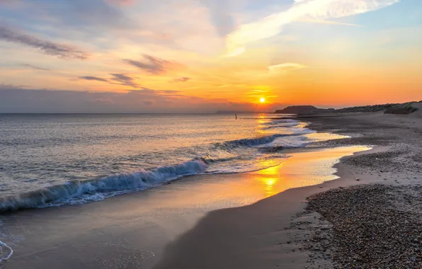 Picture sea, beach, the sky, the sun, sunset, dawn, shore, surf