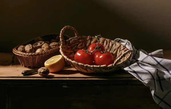 Picture the dark background, lemon, food, towel, still life, tomatoes, items, walnuts