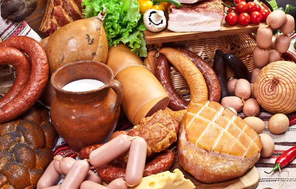 Picture sausage, eggs, cheese, milk, meat, pepper, pitcher, vegetables, tomatoes, sausage, ham, baton