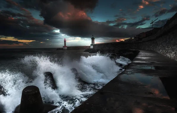Picture sea, wave, the sky, squirt, clouds, shore, lighthouse, the evening, pierce, beacons, gloomy sky