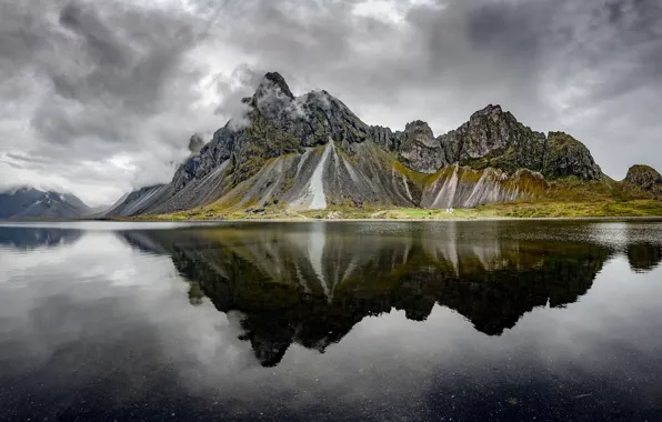 Picture mountains, reflection, overcast, shore, tops, Iceland, pond