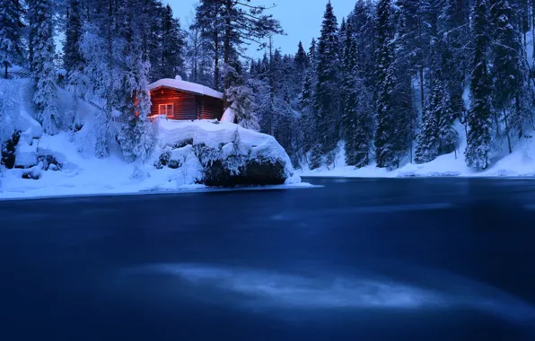 Picture winter, forest, snow, trees, river, hut, hut, Finland, Finland, Maxim Evdokimov, Oulankajoki River, The River …
