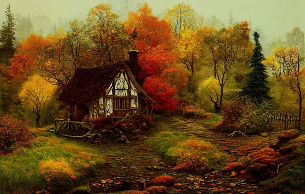 Picture roof, autumn, forest, trees, comfort, figure, graphics, beauty, picture, art, pipe, house, painting, path, the …