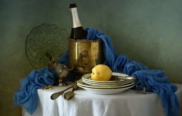 Picture table, wine, bottle, plates, dishes, fabric, still life, champagne, bucket, quince, spoon