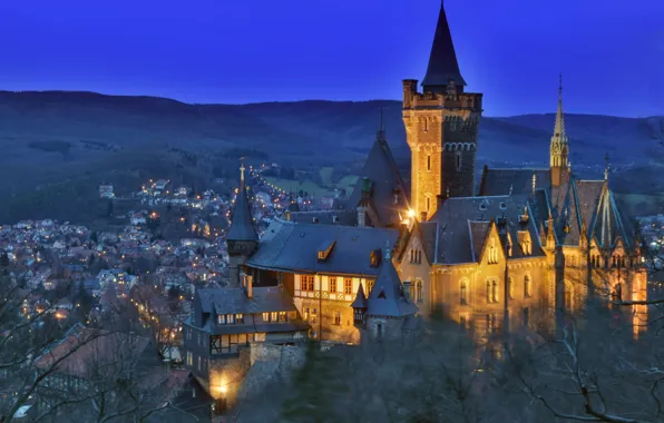 Picture landscape, nature, the city, castle, the evening, Germany, lighting, Saxony-Anhalt, Wernigerode