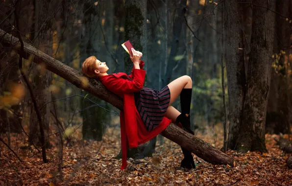Picture autumn, forest, leaves, girl, mood, model, boots, makeup, dress, hairstyle, lies, book, legs, in red, …