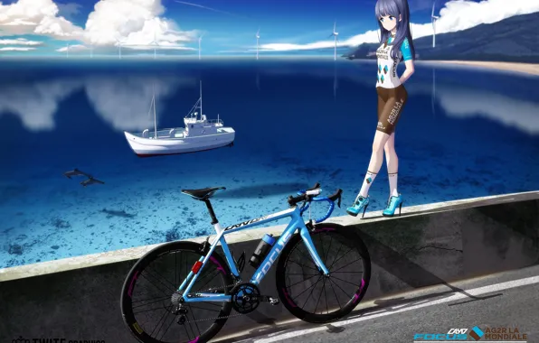 Picture sea, girl, bike, ship
