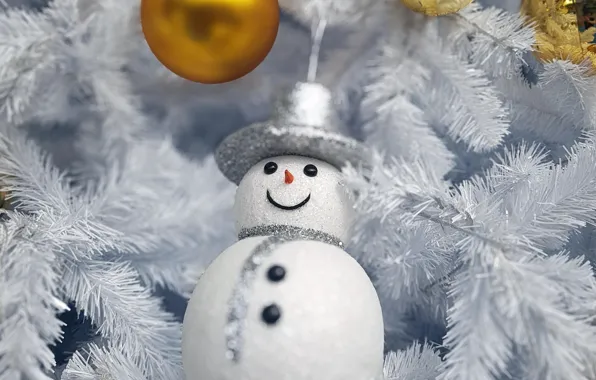 Picture frost, balls, branches, toy, Christmas, New year, snowman, herringbone, needles, bokeh, Christmas decorations, Christmas decorations