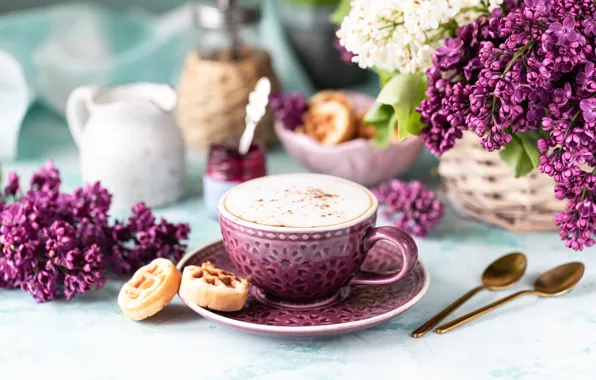 Picture flowers, coffee, Breakfast, morning, cream, Cup, waffles, lilac