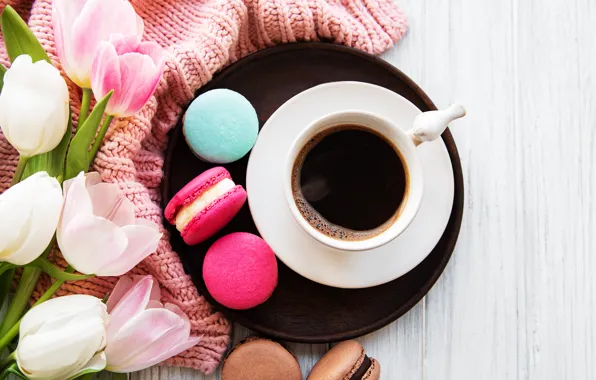 Picture colorful, tulips, pink, tulips, coffee cup, macaroons, macaron, a Cup of coffee, macaroon