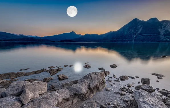 Picture forest, the sky, mountains, night, lake, reflection, stones, the moon, shore, tops, haze, moonlight, twilight, …