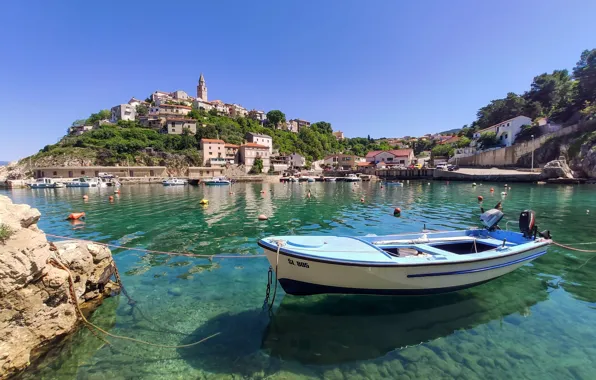 Picture boat, building, home, Bay, hill, Croatia, Croatia, The Adriatic sea, Adriatic sea, Vrbnik, Krk Island, …