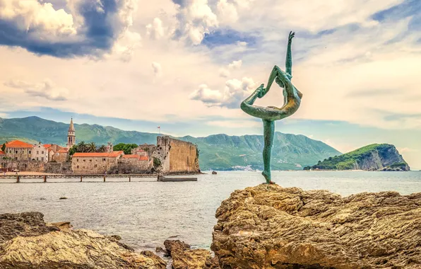 Picture sea, mountains, statue, dancer, Montenegro, Budva
