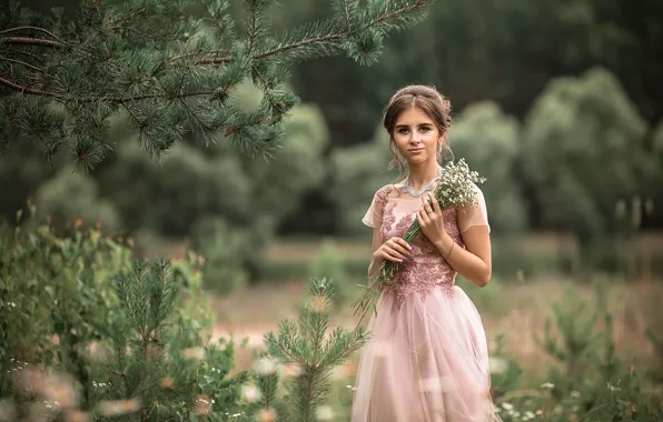 Picture grass, girl, branches, nature, chamomile, dress, brown hair, needles, a bunch, Vladimir Vasiliev
