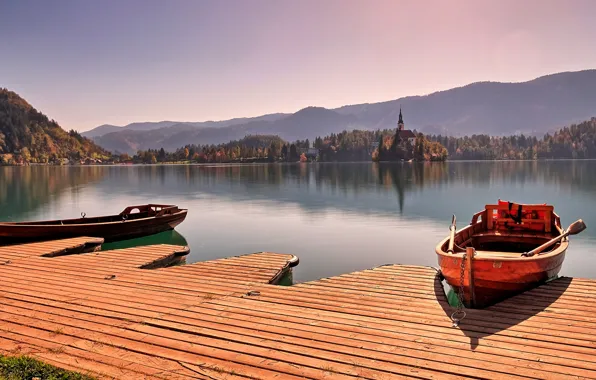 Picture landscape, mountains, nature, lake, boats, pier, forest, Slovenia, Lake bled, Bled