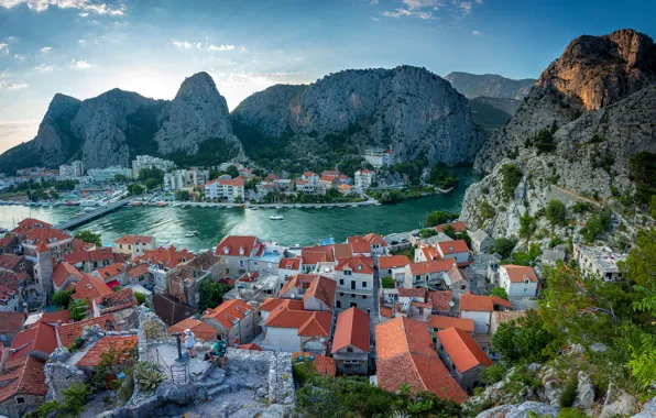 Picture sea, mountains, nature, rocks, home, roof, Bay, the view from the top, Croatia, Omis