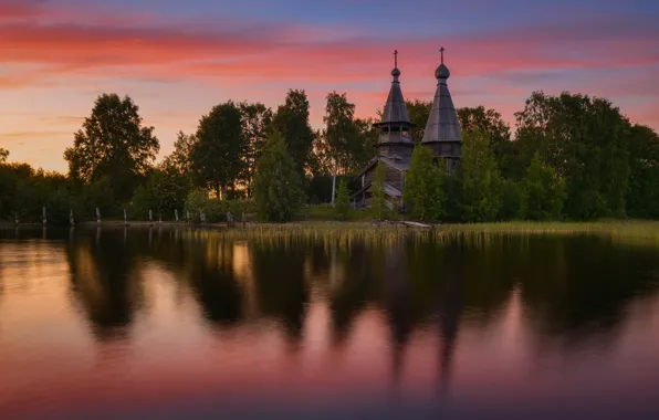 Picture trees, sunset, reflection, shore, Church, pond, wooden architecture