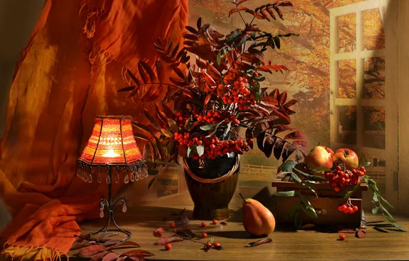 Picture autumn, branches, berries, apples, lamp, vase, pear, fruit, still life, Rowan, shawl, bunches, box, Valentina …