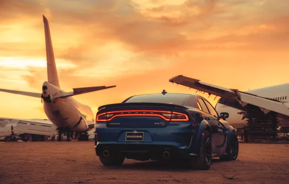 Picture Sunset, Blue, Aircraft, Desert, Car, Muscle, Dodge charger srt hellcat widebody