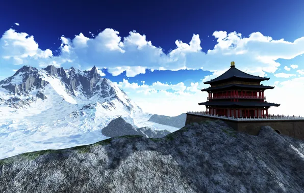 Picture clouds, mountains, stones, Asia, Nepal, Tibet, одинокий храм
