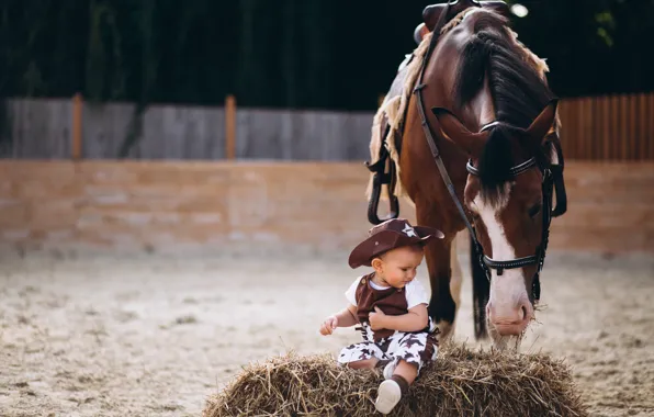 Picture horse, horse, the fence, child, hat, boy, baby, hay, straw, cowboy, meal