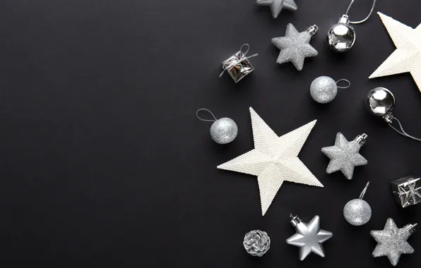 Picture decoration, balls, New Year, Christmas, silver, black background, black, Christmas, balls, New Year, decoration, Merry