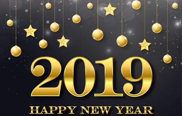 Picture gold, New Year, figures, golden, black background, black, balls, background, New Year, Happy, sparkle, 2019
