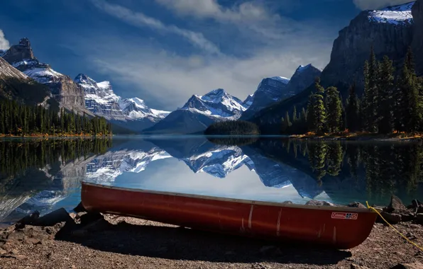 Picture trees, mountains, lake, reflection, stones, shore, boat, Canada, Albert, Jasper, national Park, National Park, Jasper, …