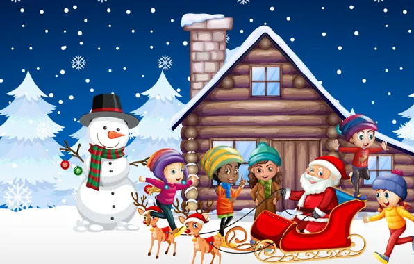 Picture Snow, House, Children, Christmas, New year, Santa Claus, Deer, Tree, Snowman, Sleigh