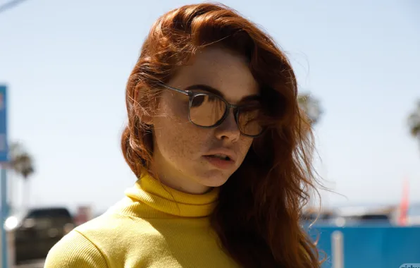Picture the sun, model, portrait, makeup, glasses, hairstyle, freckles, in yellow, redhead, bokeh, Zishy, Sabrina Lynn
