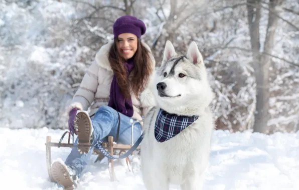 Picture winter, eyes, girl, trees, nature, mood, dog, husky