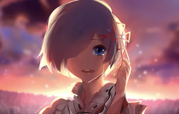 Picture face, tears, bangs, red bow, the evening sky, Re Zero kara hajime chip isek or …