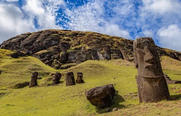Picture the sky, clouds, mountains, face, stones, mountain, hill, Easter island, antiquity, figure, sculpture, megaliths, stone …