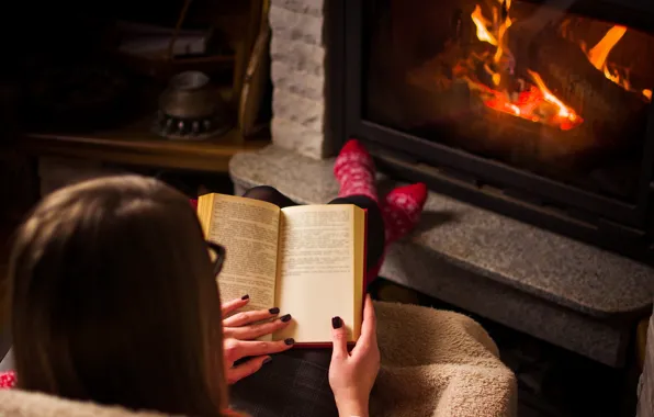 Picture girl, heat, book, fireplace, plaid, cozy, socks