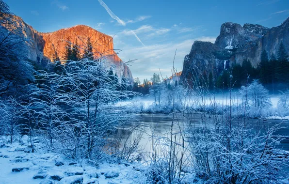 Picture winter, the sky, snow, trees, mountains, Yosemite national Park, The Merced River, Шон Ян