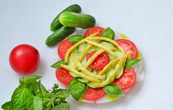 Picture photo, Vegetables, Plate, Tomatoes, Food, Cucumbers
