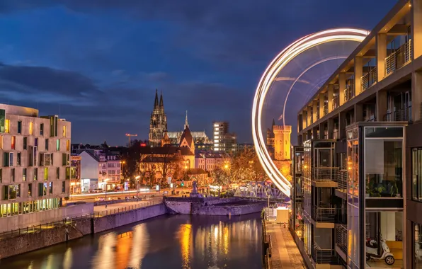 Picture the sky, night, river, view, building, Germany, channel, Ferris wheel, Germany, Cologne