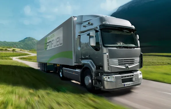 Picture grass, grey, movement, truck, Renault, tractor, 4x2, the trailer, Premium Route, Renault Trucks