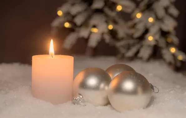 Picture winter, balls, light, snow, flame, holiday, balls, candle, Christmas, New year, tree, garland, needles, bokeh, …