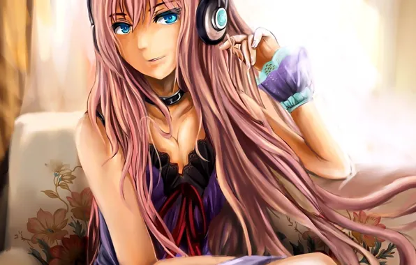 Picture girl, cleavage, Vocaloid, dress, breast, anime, headphones, blue eyes, artwork, Megurine Luka, chest, anime girl, …