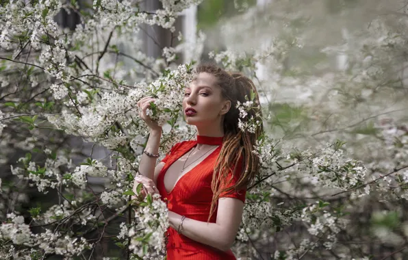 Picture look, girl, decoration, pose, spring, garden, dress, flowering, Maksim Chuprin