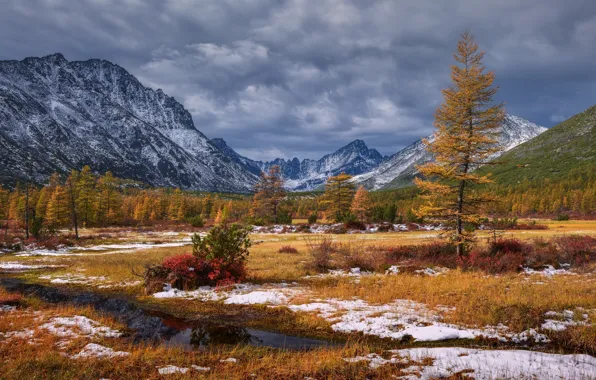 Picture autumn, snow, landscape, mountains, clouds, nature, vegetation, Kolyma, Maxim Evdokimov