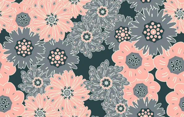Picture flowers, grey, background, pattern, seamless