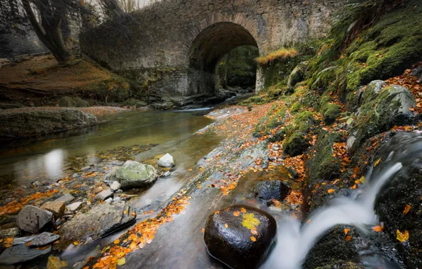Picture autumn, bridge, stones, arch, pond