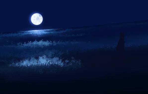 Picture grass, night, the moon, girl